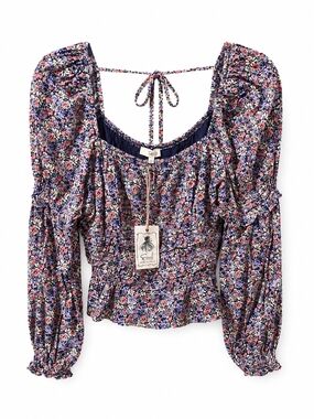 easel Navy Multicolor Floral Puff-Sleeve Smocked Waist Blouse